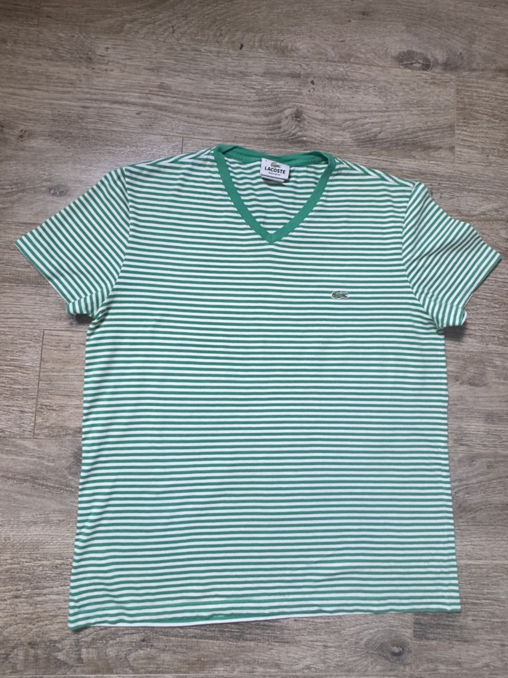 Lacoste Green & White Striped V-Neck Tee